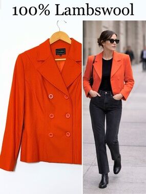 Lambswool Vintage Statement Coat. Louben Double Breasted Orange Jacket Size 10